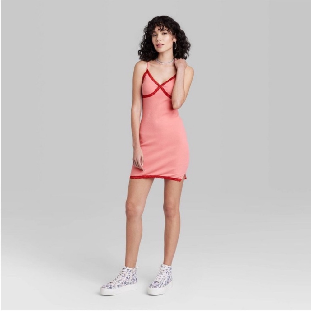 ◾️3/$25 Wild Fable Pink and Red Lace-Trimmed Knit Bodycon Tank Dress